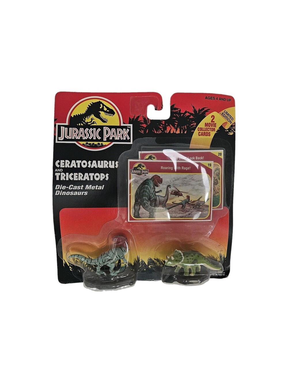 Jurassic Park Ceratosaurus & Triceratops Die Cast Dinosaur Figures & Cards 1993